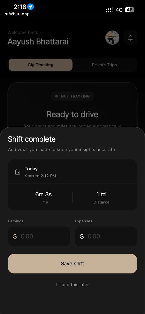 Gigways shift complete sheet with time, distance, and fields for earnings and expenses