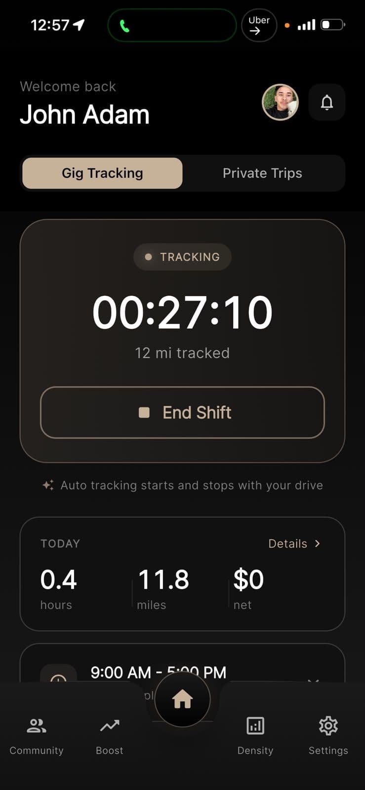 Gigways home screen showing today's automatically tracked mileage