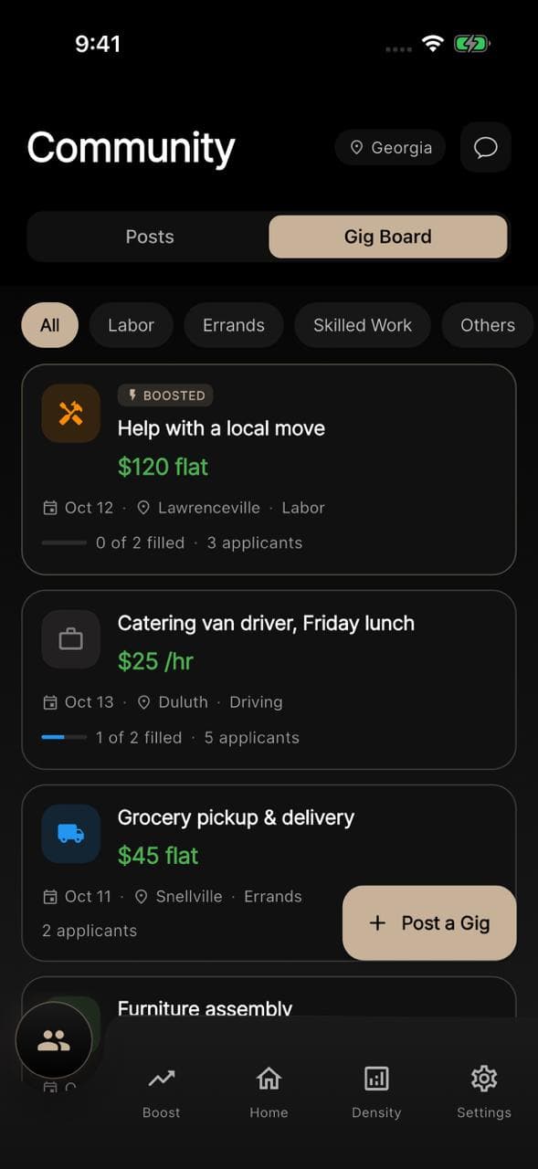 GigsBoard in the Gigways app showing paid local gigs nearby